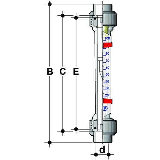 FLUSSIMETRO STANDARD INCOLLO PER ARIA, CORPO TROGAMID, GALLEGGIANTE PP ROSSO, ø025 mm SCALA 0,2-2,5 Nm3/h 0400103 1